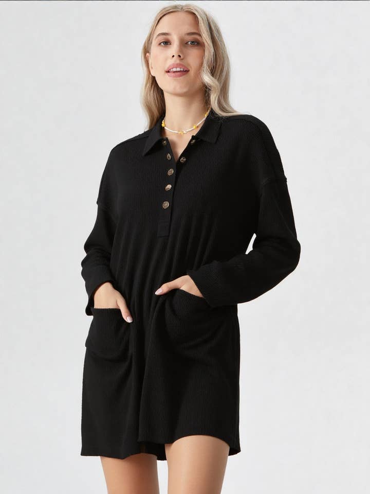 VERY J - Wholesale Dress - Women's - ND31005-Casual Shirt Collared Knit Henley Mini Dress3