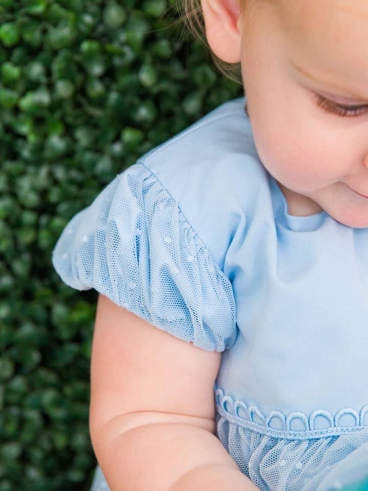 Baby Girls Light Blue Dotted Tulle Dress & RuffleButt Set for wholesale on Faire