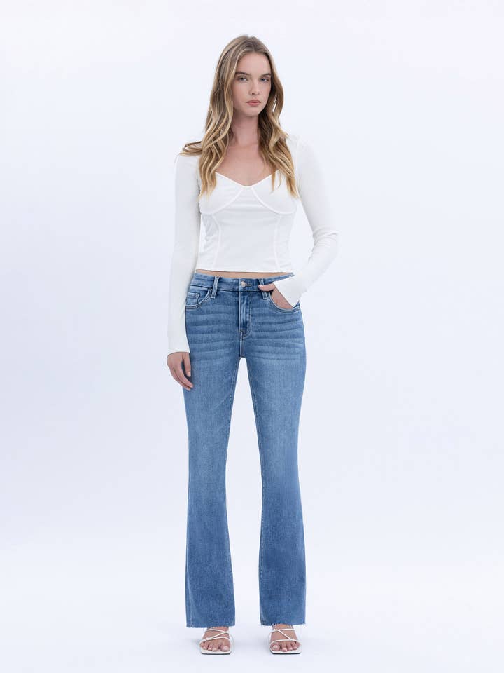 MID RISE SEAMLESS WAISTBAND BOOTCUT JEANS T6217 for wholesale by VERVET by FLYING MONKEY