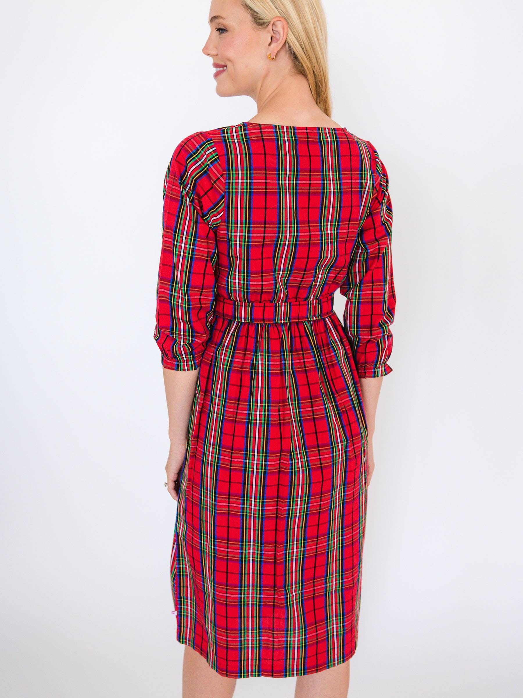 Vermelho Vestido Midi com Camadas e Mangas Bufantes 3/4 Xadrez Vermelho Nicholas para Mulher para venda a revendedores na Faire4