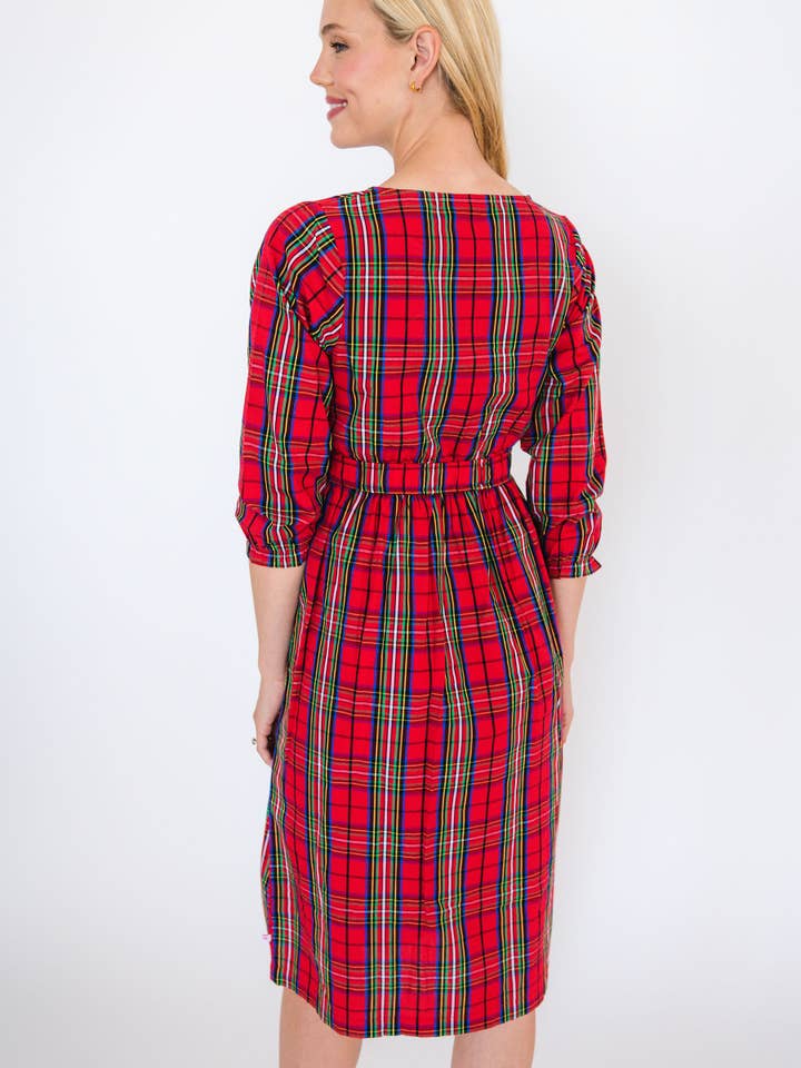 Vermelho Vestido Midi com Camadas e Mangas Bufantes 3/4 Xadrez Vermelho Nicholas para Mulher para venda a revendedores na Faire4