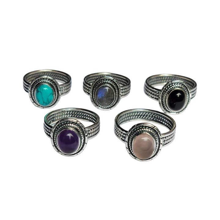 Pack of 5 Rings Oxidised Silver Oval Pattern Statement Ring for wholesale by SILVER CAVE