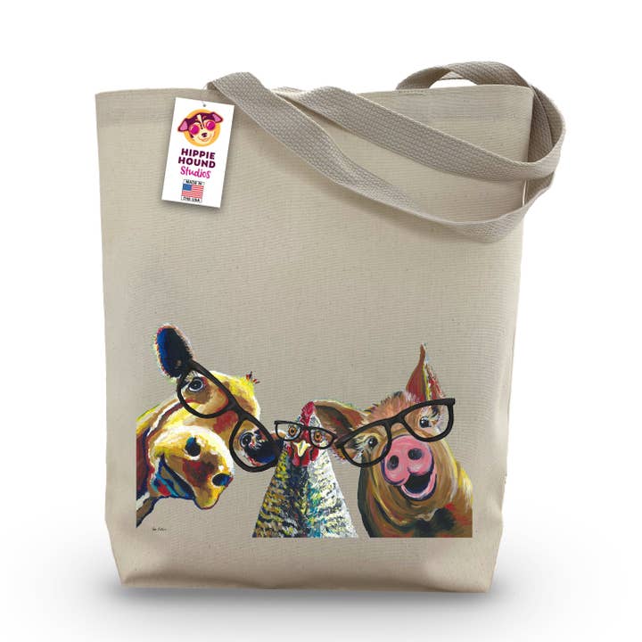 Gusseted Tote Bag, Pig, Chicken Cow Farmhouse Trio for wholesale by Hippie Hound Studios