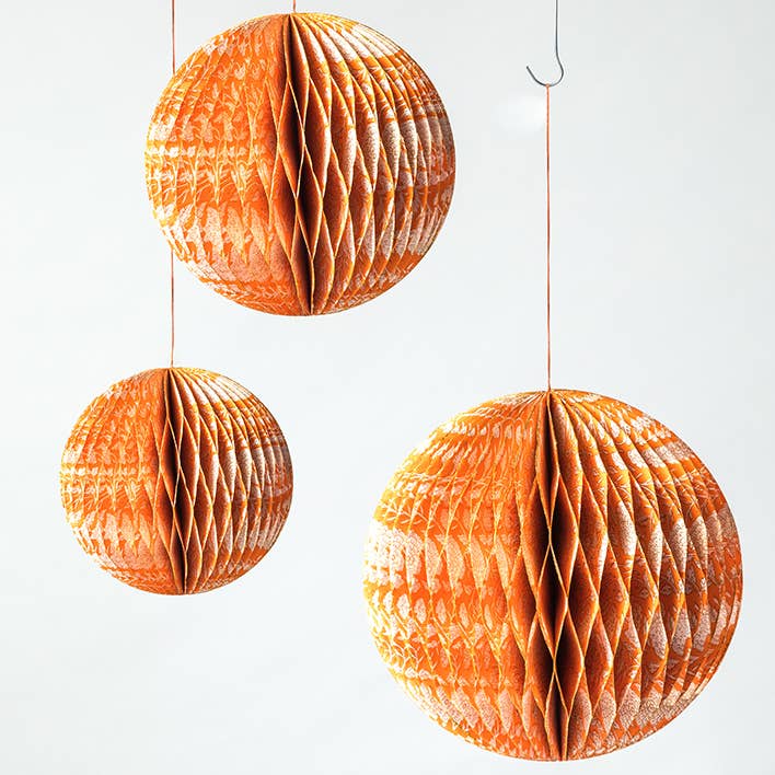 Sustainable & Handmade Honeycomb Paper Decorations Orange for wholesale by Globe Enterprise