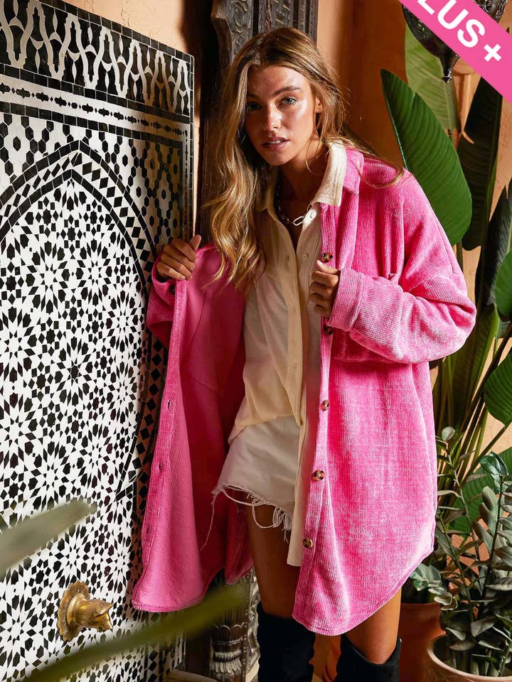 Plus Button Shirt Jacket - Sweater Knit Texture for wholesale by Davi & Dani