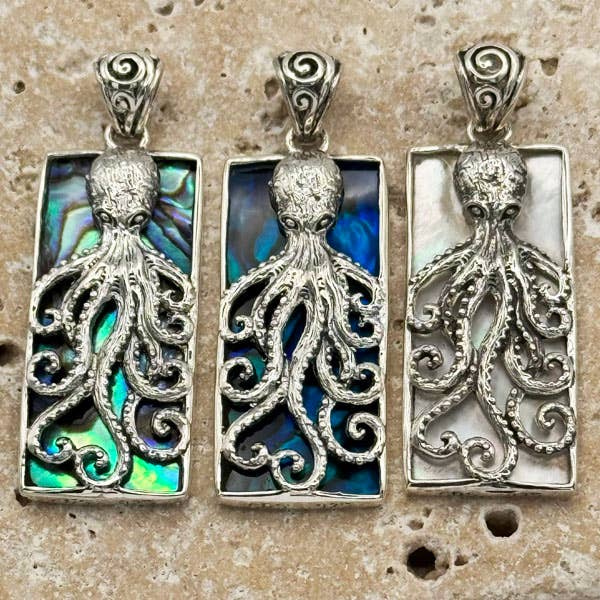 Sterling Silver Rectangle Octopus Pendant, Shell Backed for wholesale by Goddess Design Studio