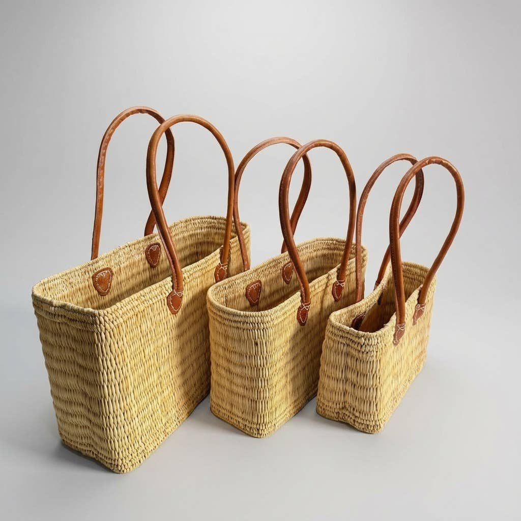 Melecraft - Wholesale Basket - Reed Market Basket Leather Handles - Natural Woven Tote Bag