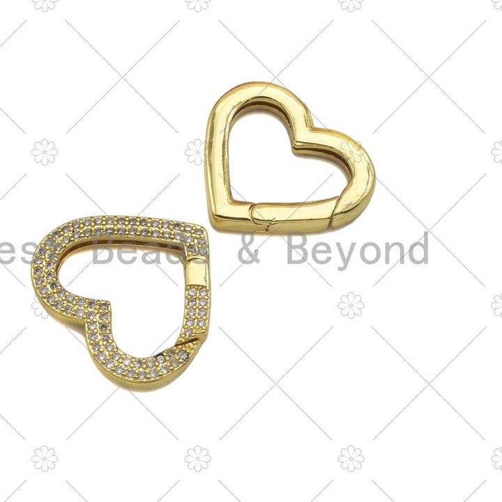 CZ Pave Heart Clasp, 18K Dainty Gold Carabiner Clasp, Snap Clip Trigger Clasp, Spring Buckle Clasp , 25x22mm,Sku#LD65 for wholesale by BestBeads&Beyond