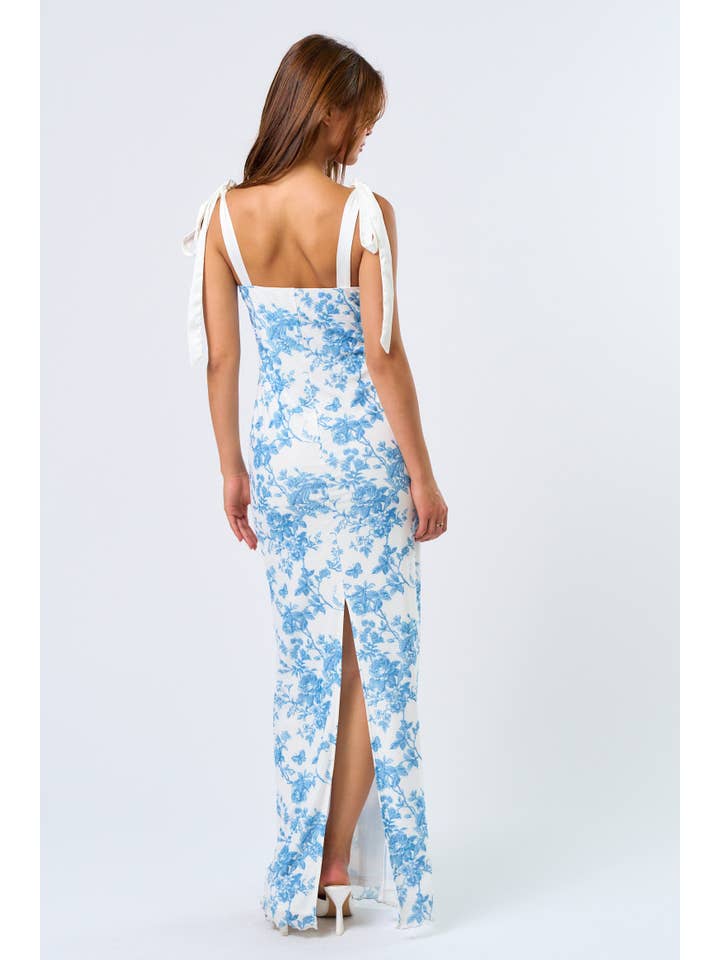 Blue IBD32879-1 Floral Printed Maxi Dress with Shoulder Tie for wholesale on Faire