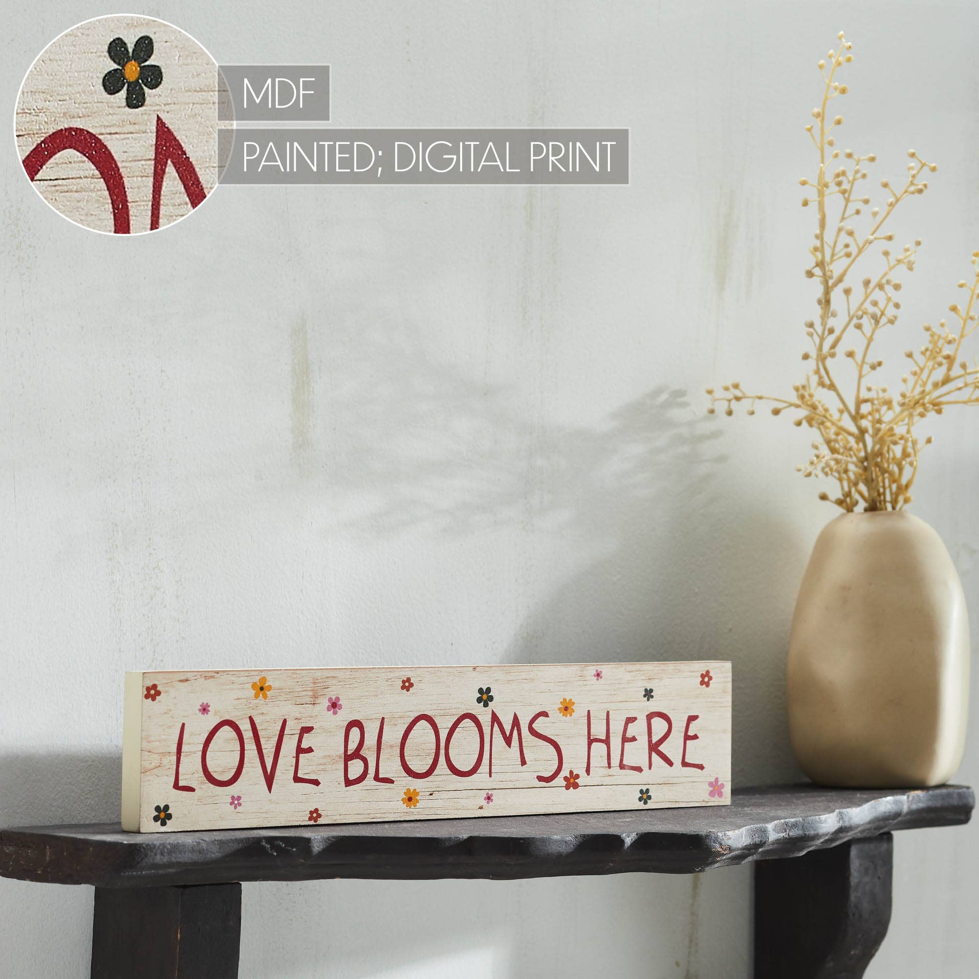 VHC Brands - Vente Pancarte - Panneau mural Spring In Bloom Love Blooms Here en MDF 3 x 14 x 0,756