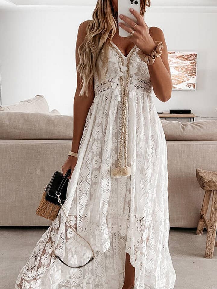 CWDHL0627_SOLID COLOR LACE SUSPENDER LONG SKIRT DRESS for wholesale by NINEXIS