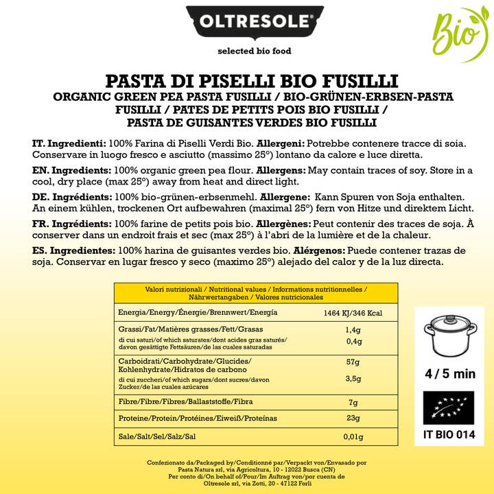 Oltresole – Großhandel Pasta – BIO ERBSENPASTA FUSILLI 350 g4
