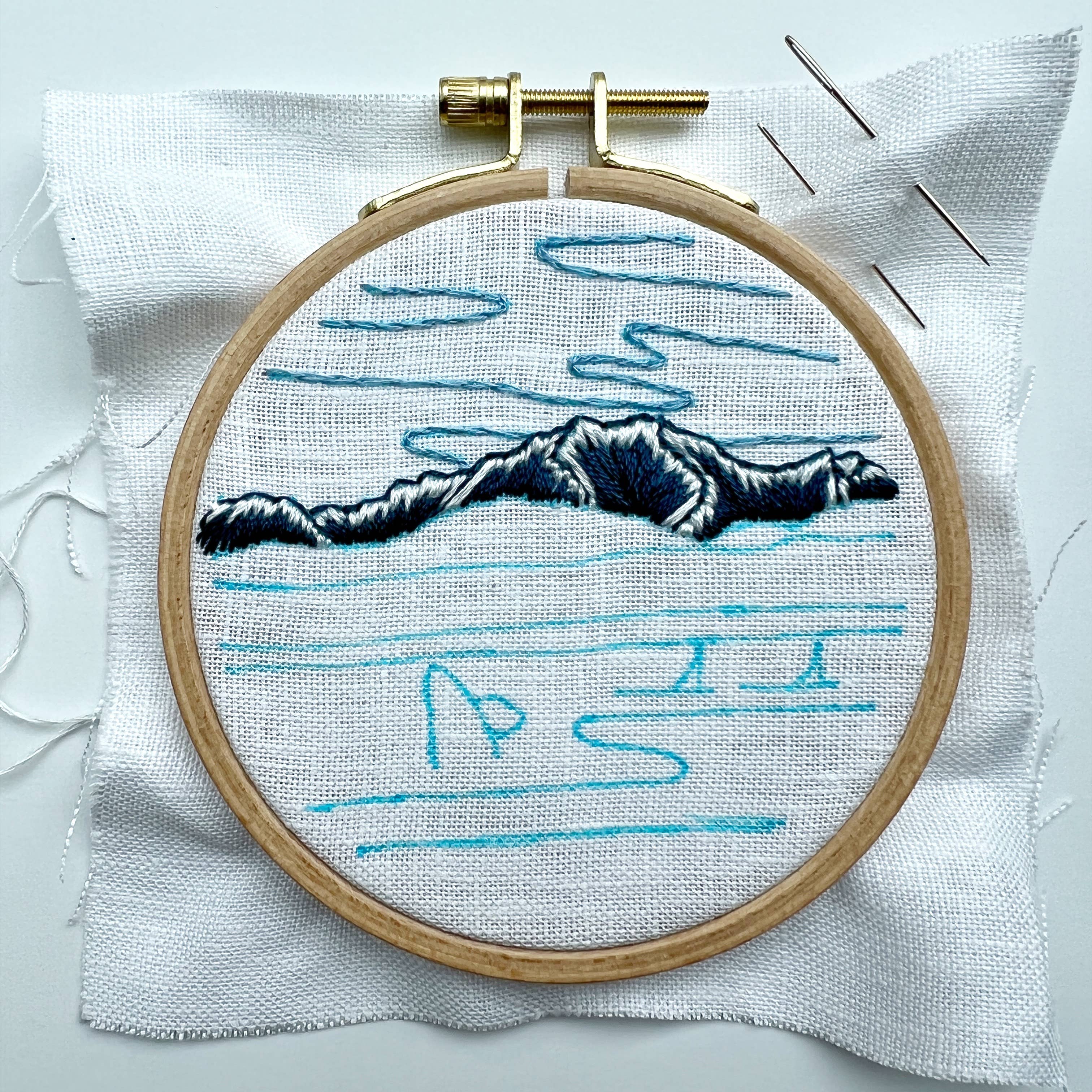 Rosanna Diggs Embroidery - Wholesale Embroidery/Cross Stitch Supplies - Orcas in the Sound Landscape Embroidery Kit for Beginners5