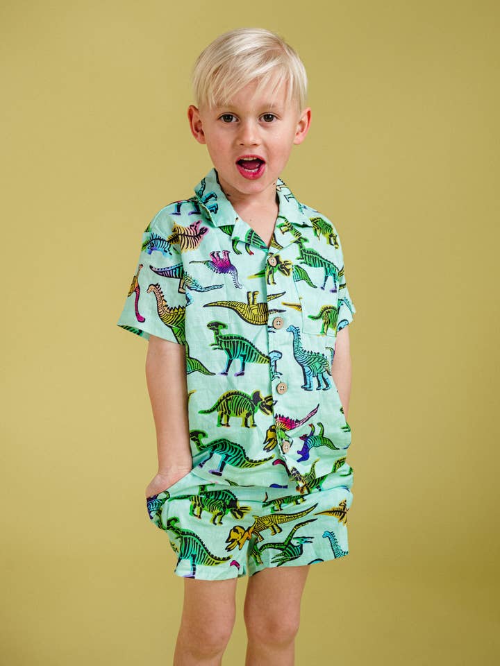 CAMISA DE MANGA CORTA DINO POP EN AGUA MARINA para venta al por mayor de Rock Your Baby