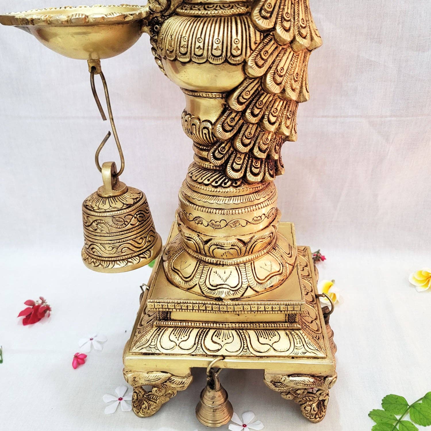Golden Traditional Brass Peacock Diya 19" for Pooja | Decorative Brass Peacock Diya Temple for wholesale on Faire3