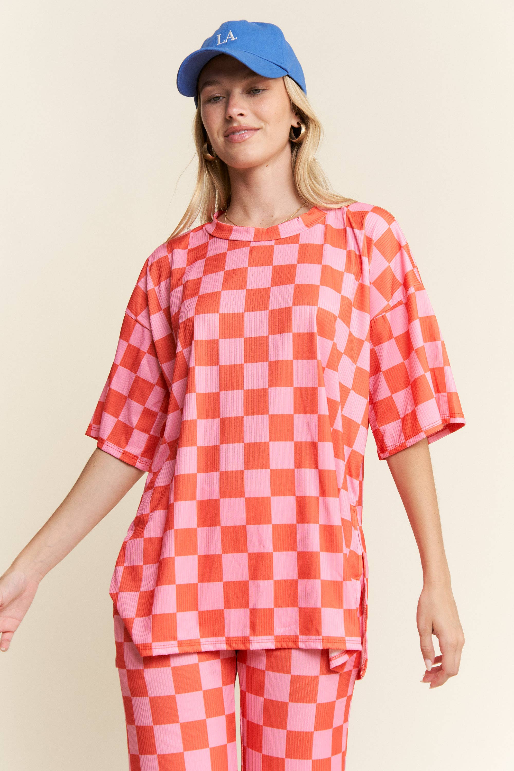 JADE BY JANE - Wholesale Lounge Set - Women's - RIBBED CHECKERED PRINT TOP/STRAIGHT LEG PANTS SET16