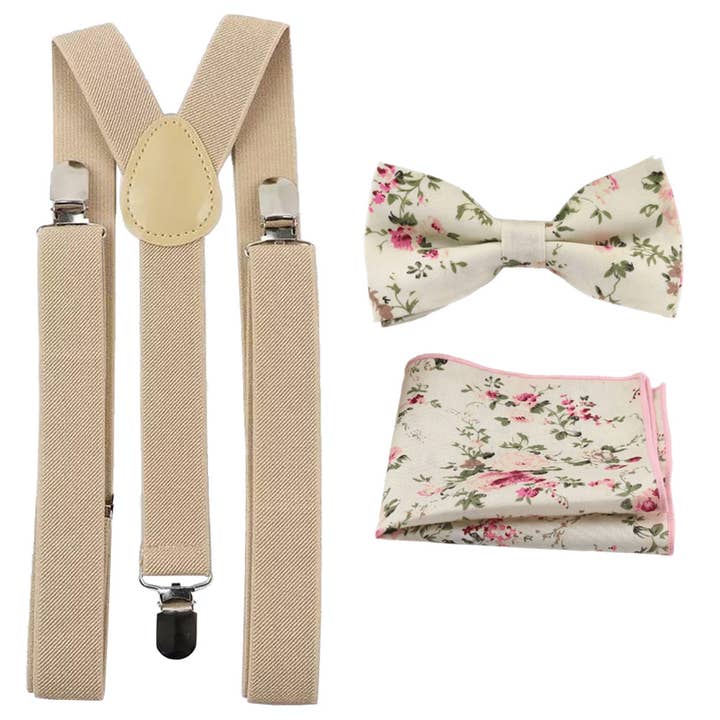 Olivia Creme Blumenmuster Erwachsene Baumwollfliege, Einstecktuch und Creme Beige Hosenträger Set für den Großhandel von Dickie Bow