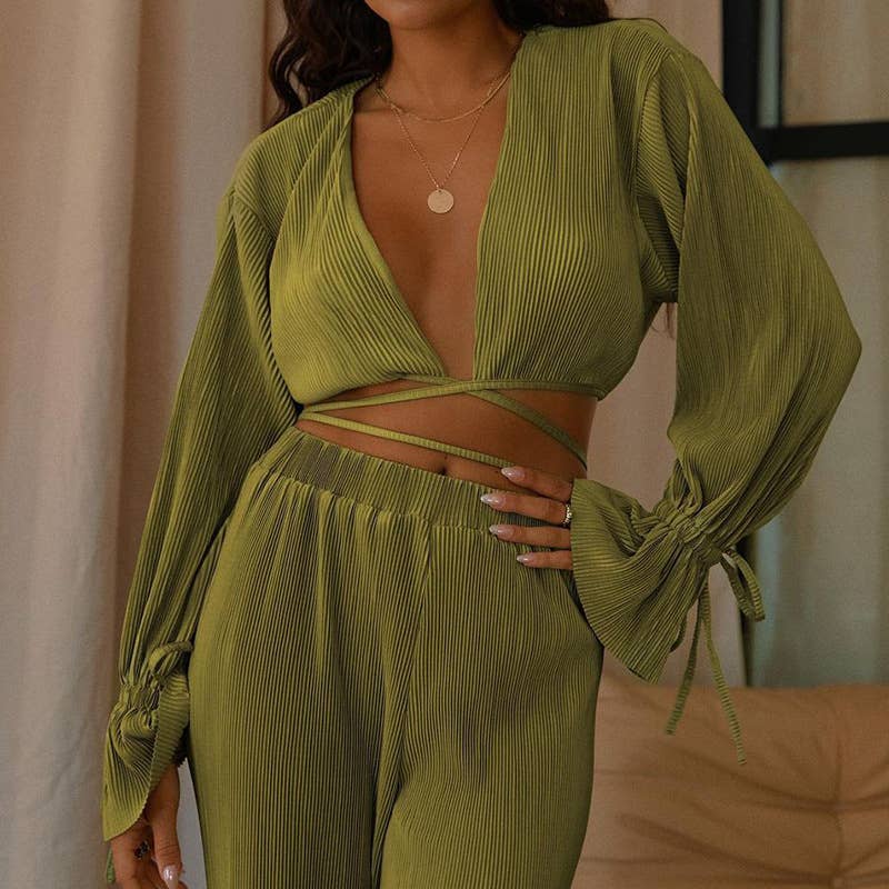 HIDDENBRAND - Wholesale Top & Pant Set (NOT Loungewear) - Women's - V-Neck Stylish Casual Sexy Two-Piece Set7