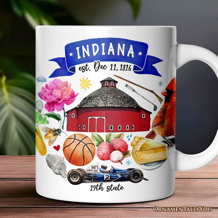 OrnamentallyYou - Wholesale Coffee Mug - Artistic Indiana State Themes and Landmarks Gift Mug