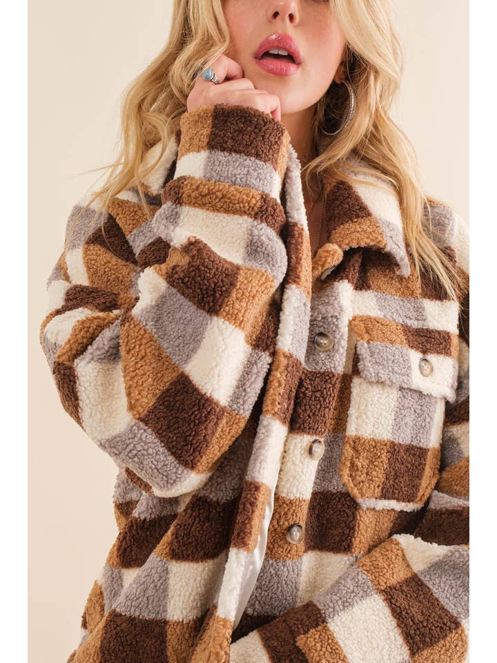 Blue B - Wholesale Shirt Jacket/Shacket - Women's - 32845J - Checkered Teddy Chest Pocket Oversized Jacket