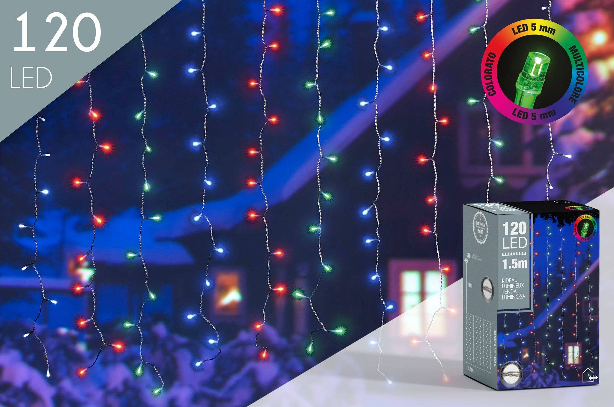 CP INTERNATIONAL - Wholesale String Lights - 120 LED Curtain 5mm Multicolor L.1.5M Transparent Wire #15960