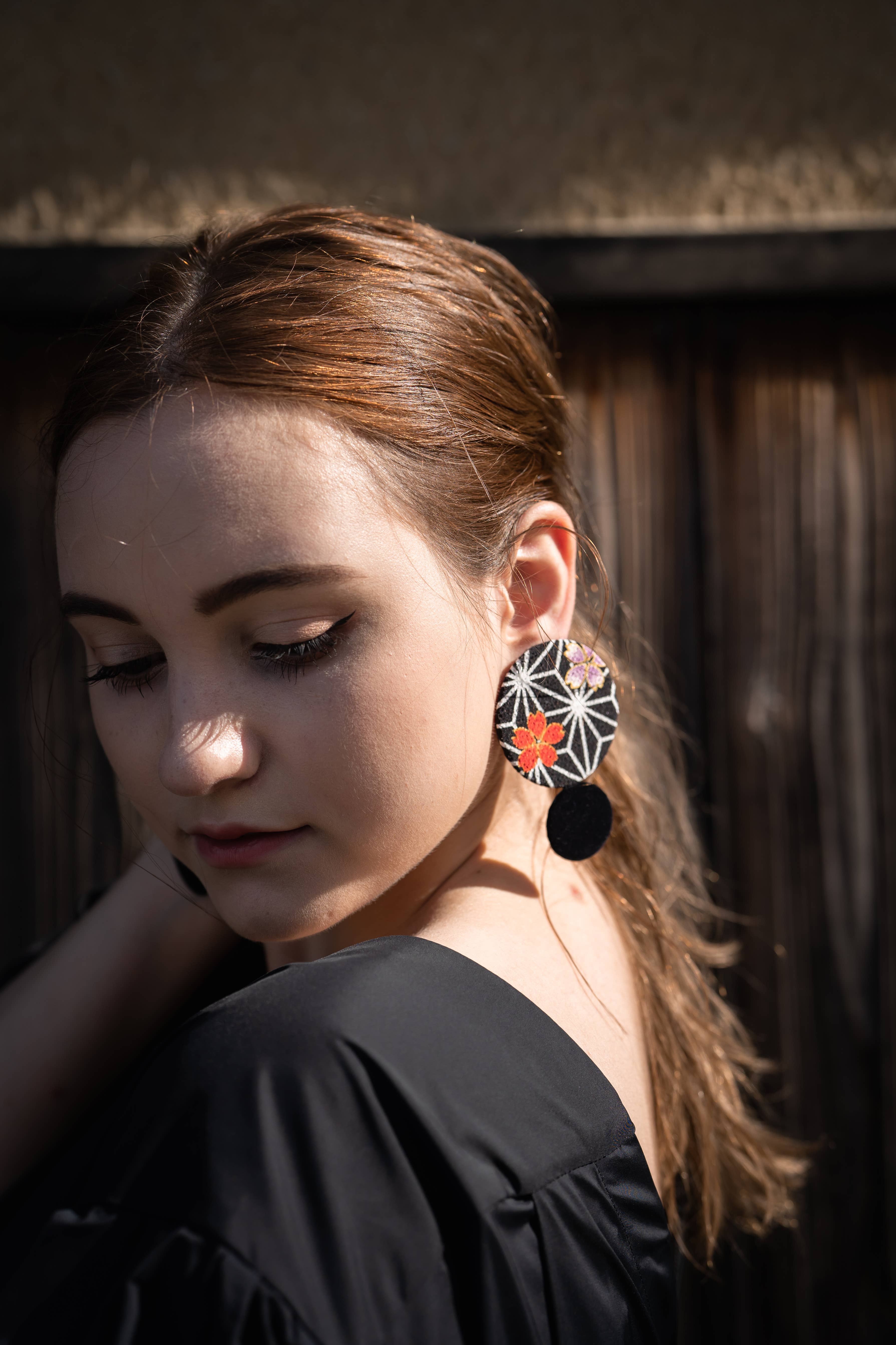 KOTO - Wholesale Dangle Earrings - Kimono Fabric Earrings—ASANOHA PATTERN—BLACK-Large