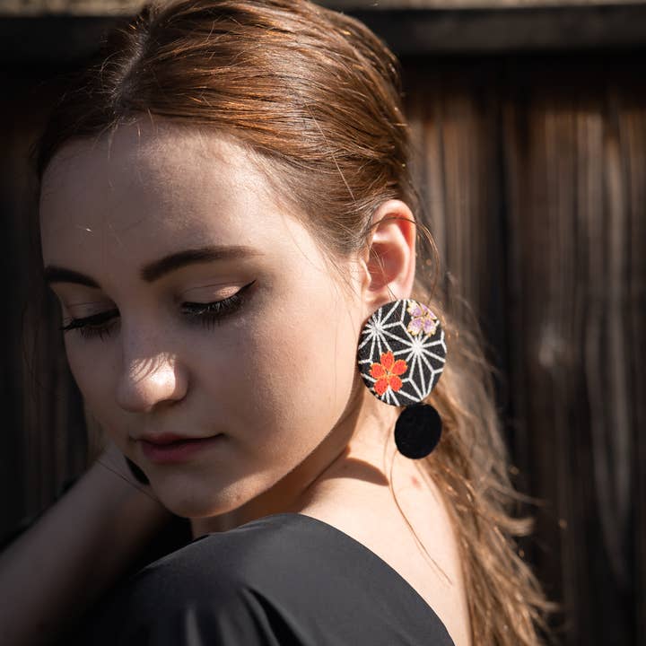 KOTO - Wholesale Dangle Earrings - Kimono Fabric Earrings—ASANOHA PATTERN—BLACK-Large0