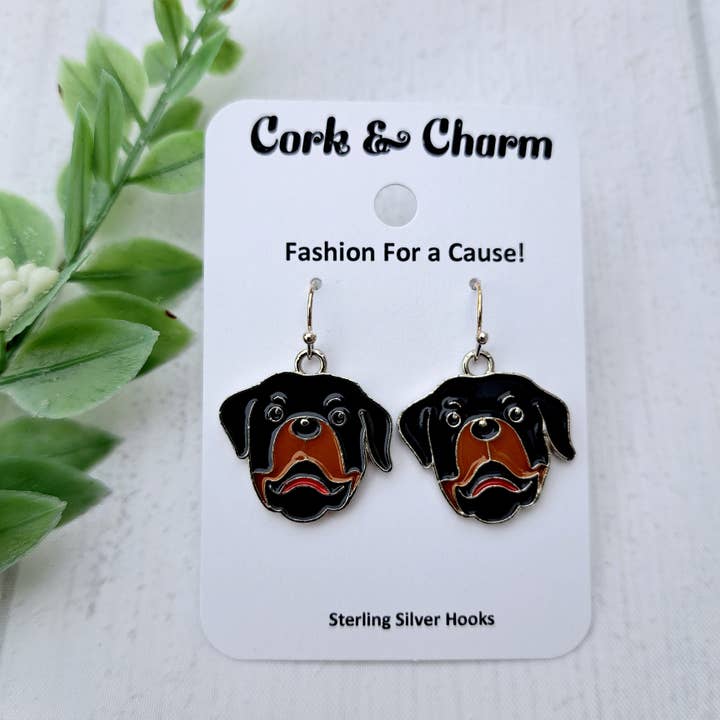 Rottweiler Dog Breed Head Face Sterling Silver Earrings for wholesale by Cork and Charm