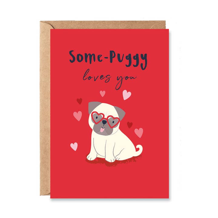 Adorable and quirky Pug Valentine's Card for wholesale by Klara Hawkins