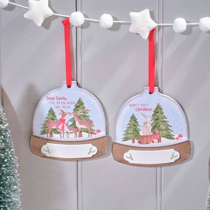 Langs - Wholesale Christmas decoration - Childrens Winter Wonderland Wood Dear Santa and Baby's First Christmas Shaped Snowglobe Personalise Hanger 2 Asstd