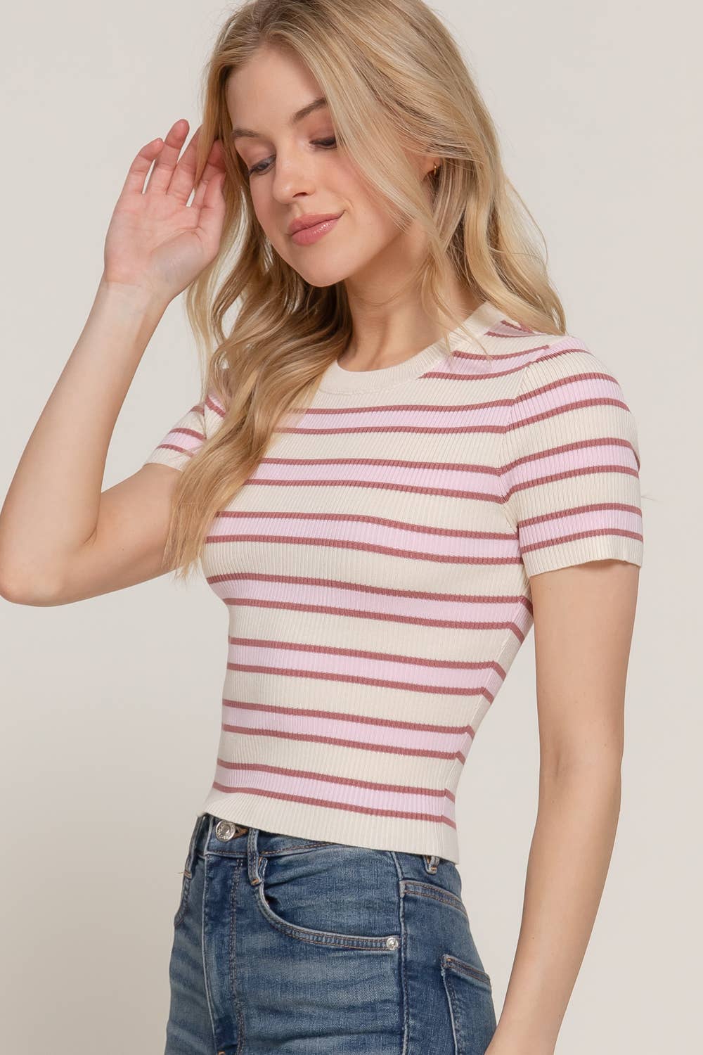 Active Basic | Active USA - Wholesale Knit Top - Women's - Short Sleeve Crew Neck Multi Stripe Spring Sweater6
