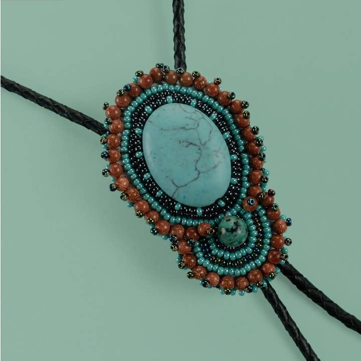 Rio Bravo - Native Beaded Bolo Tie in Earthy Blue & Brown for wholesale by Mother Sierra