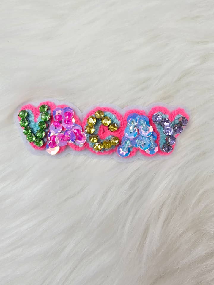 'VACAY' Rhinestone and Beaded Sequin Chenille Iron-on Patch for wholesale by Scratch Decor