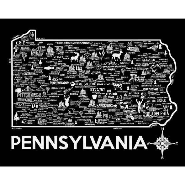 Pennsylvania Map Print Black And White for wholesale by Whereabouts Shop