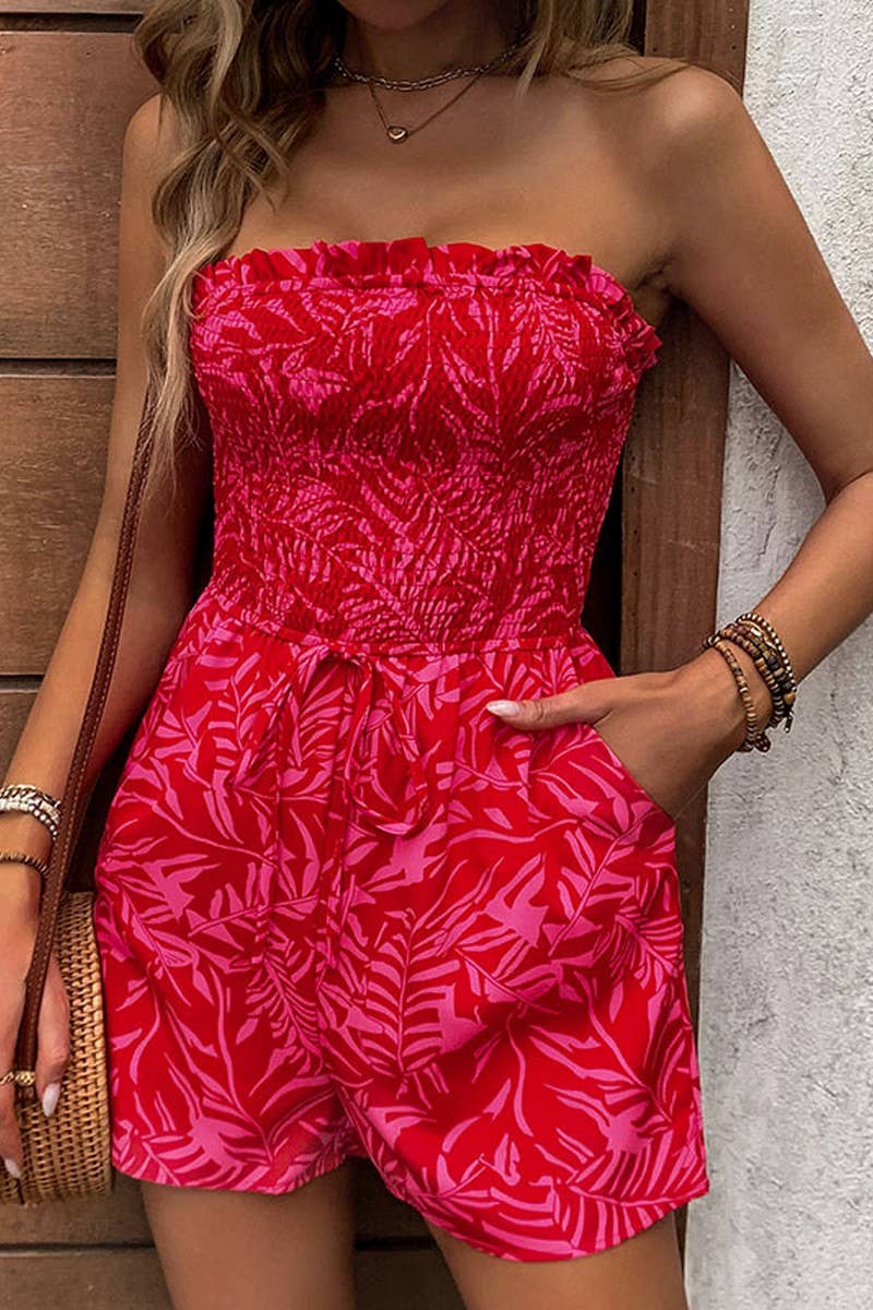 Red CWSJS0834_OFF-SHOULDER ELASTIC PRINTED TUBE TOP JUMPSUIT for wholesale on Faire0