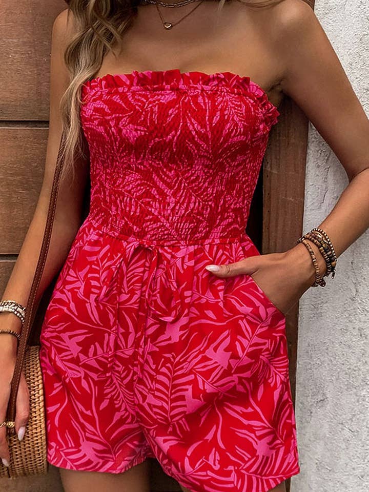 Red CWSJS0834_OFF-SHOULDER ELASTIC PRINTED TUBE TOP JUMPSUIT for wholesale on Faire