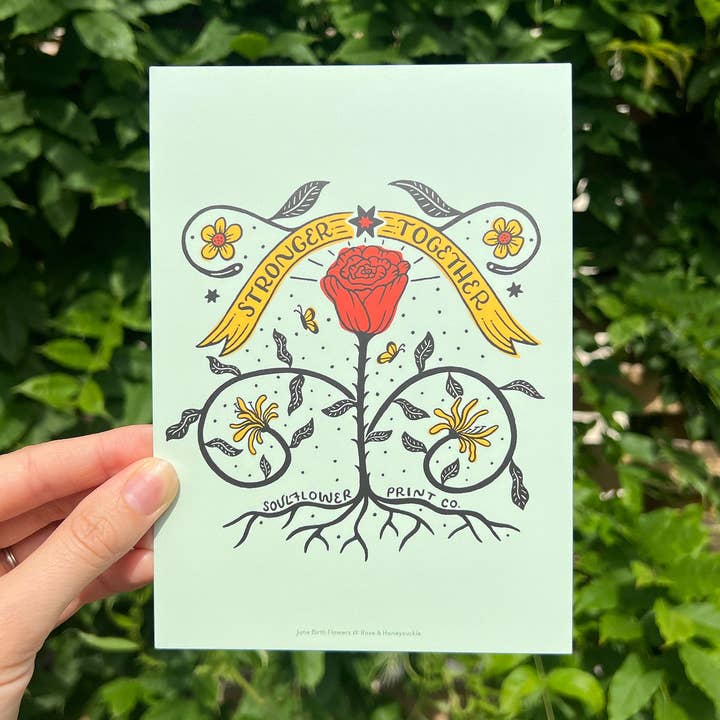 Postcard | June Birth Flowers | Rose & Honeysuckle for wholesale by Cornflower Print Co.