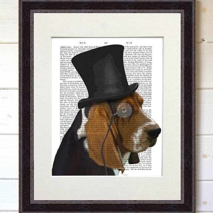 Basset Hound Formal Hound e chapéu, impressão de livro para cães/impressão artística por atacado de FabFunky Ltd