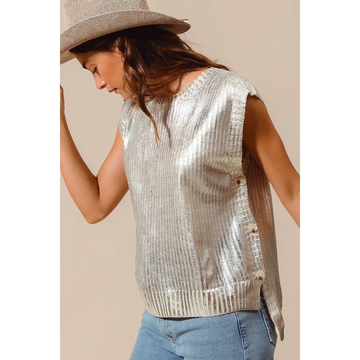 IVE – wholesale Outerwear Vest - Women’s – Metallic Foil Holiday Sweater Vest Top1