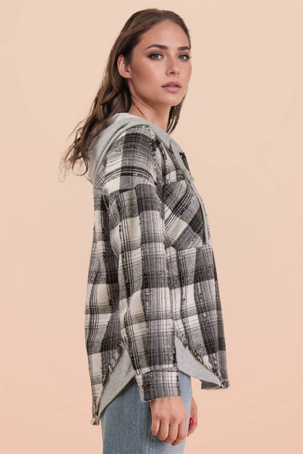 VERY J - Wholesale Jacket - Women's - NT12253-Oversized Flannel Hooded Button Down Jacket18