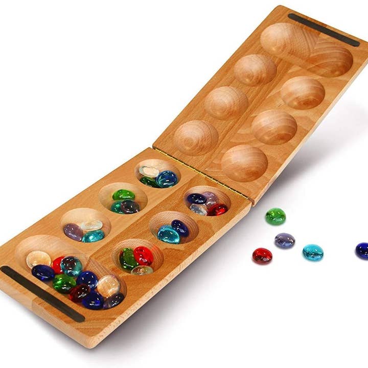 Wood Expressions - Wholesale Board Game - Solid Wood Folding Mancala with Glass Stones - 18 in.