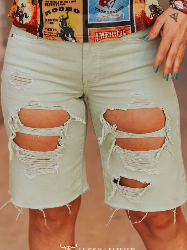 Mint Distressed Frayed Hem Bermuda Shorts (11in) for wholesale by LUCKY & BLESSED