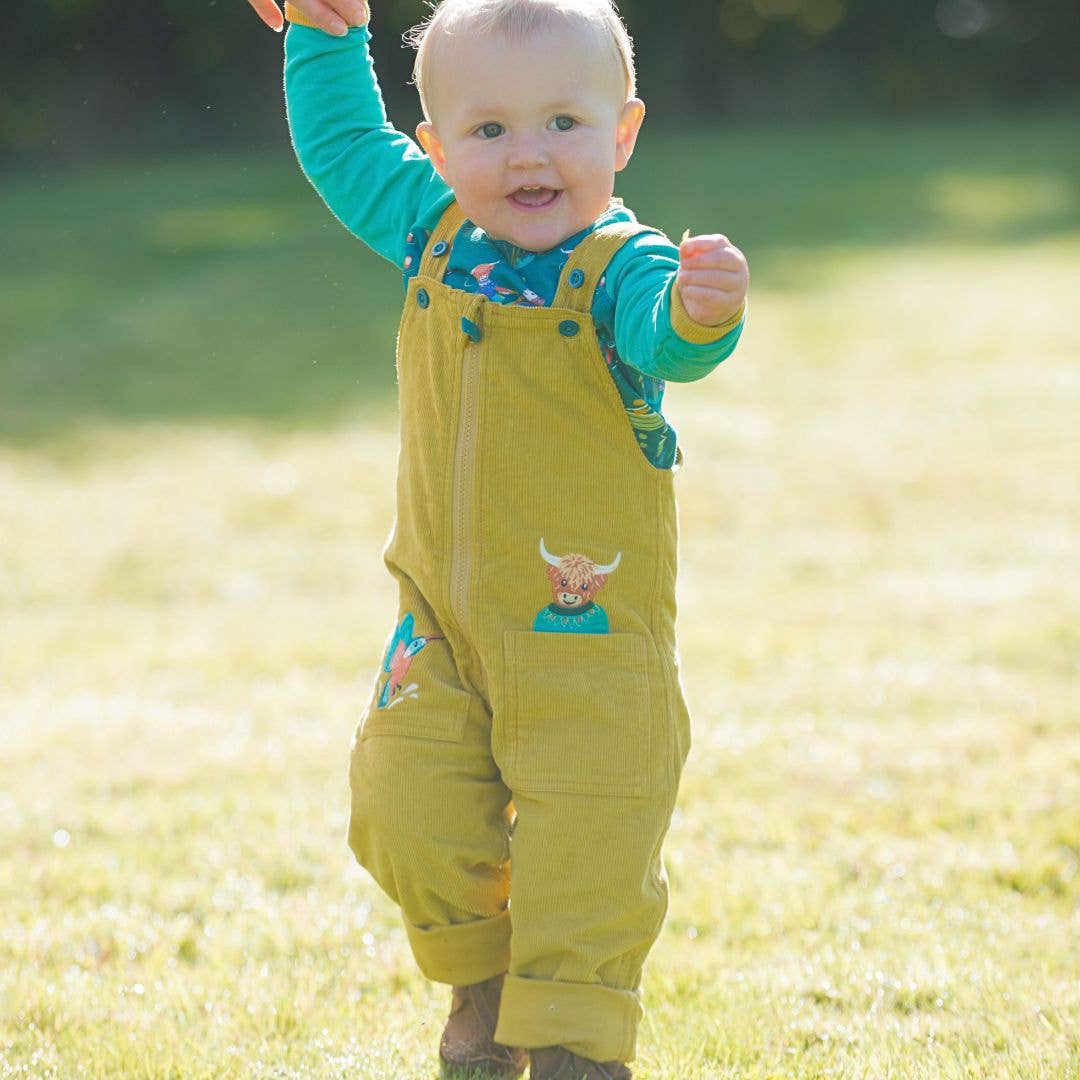 Ducky Zebra: Sustainable Kids' Clothes - Wholesale Overalls - Kids - Yellow Organic Cord Dungarees: Highland Cow & Kingfisher2