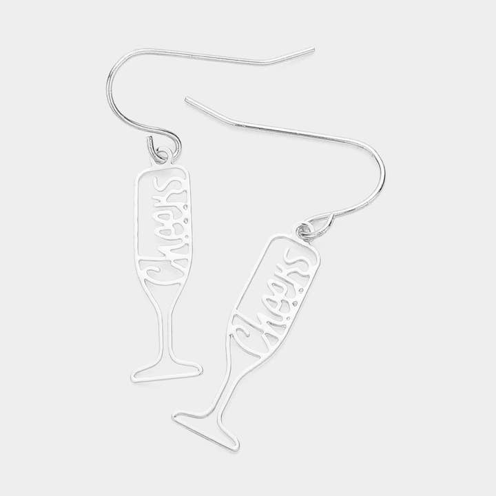 Brass Metal Cheers Message Champagne Glass Dangle Earrings for wholesale by Sensibling Corp.
