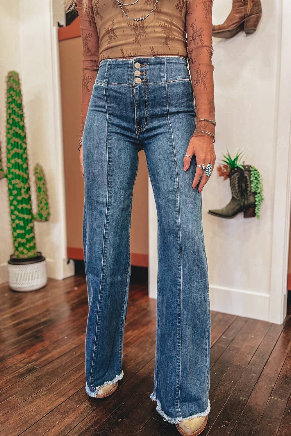 FULL TIME PURCHASE - Wholesale Jeans - Women's - High Waist Button Fly Seamed Raw Hem Flare Jeans0