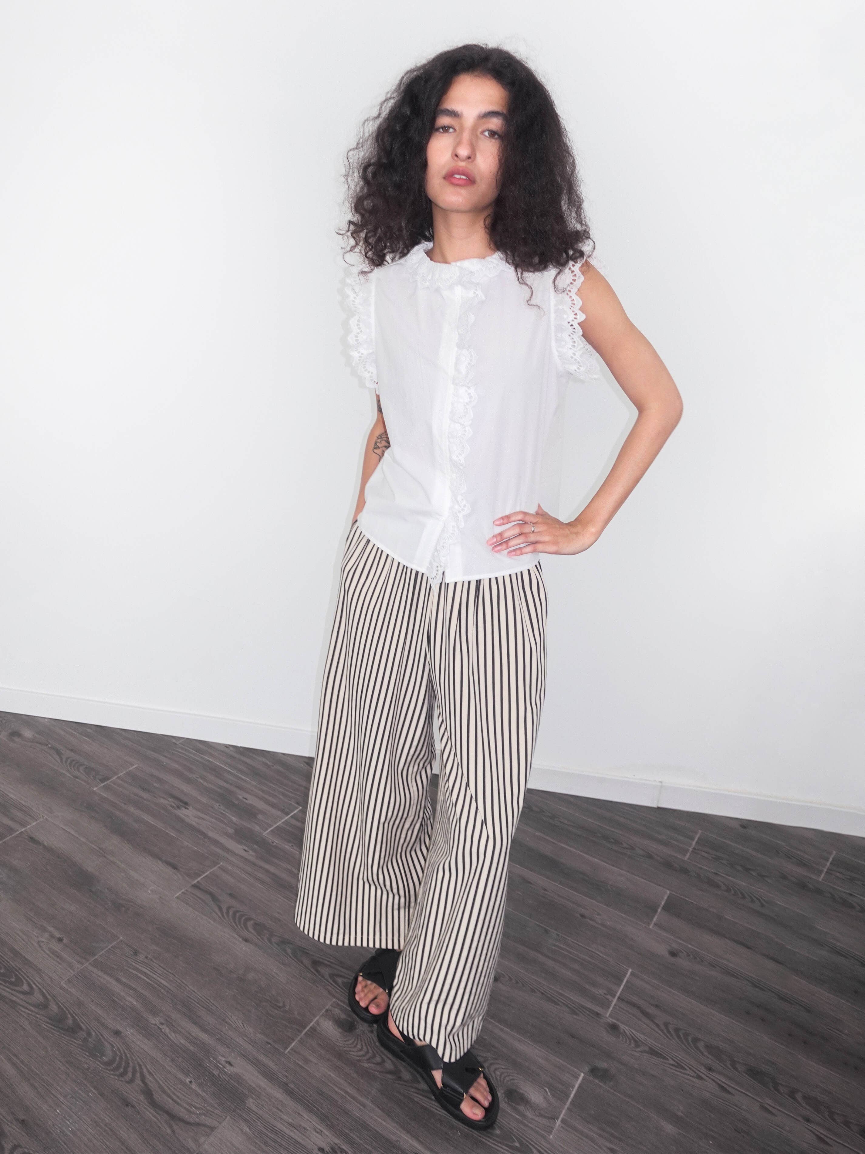 Beige Elastic Waist Striped Straight Trousers for wholesale on Faire2