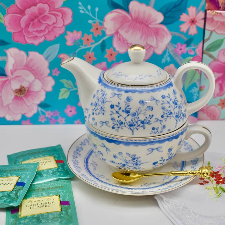 Conjunto de Oferta de Chá para Um. Jardim Floral Azul e Branco por atacado de All Little Cute Things