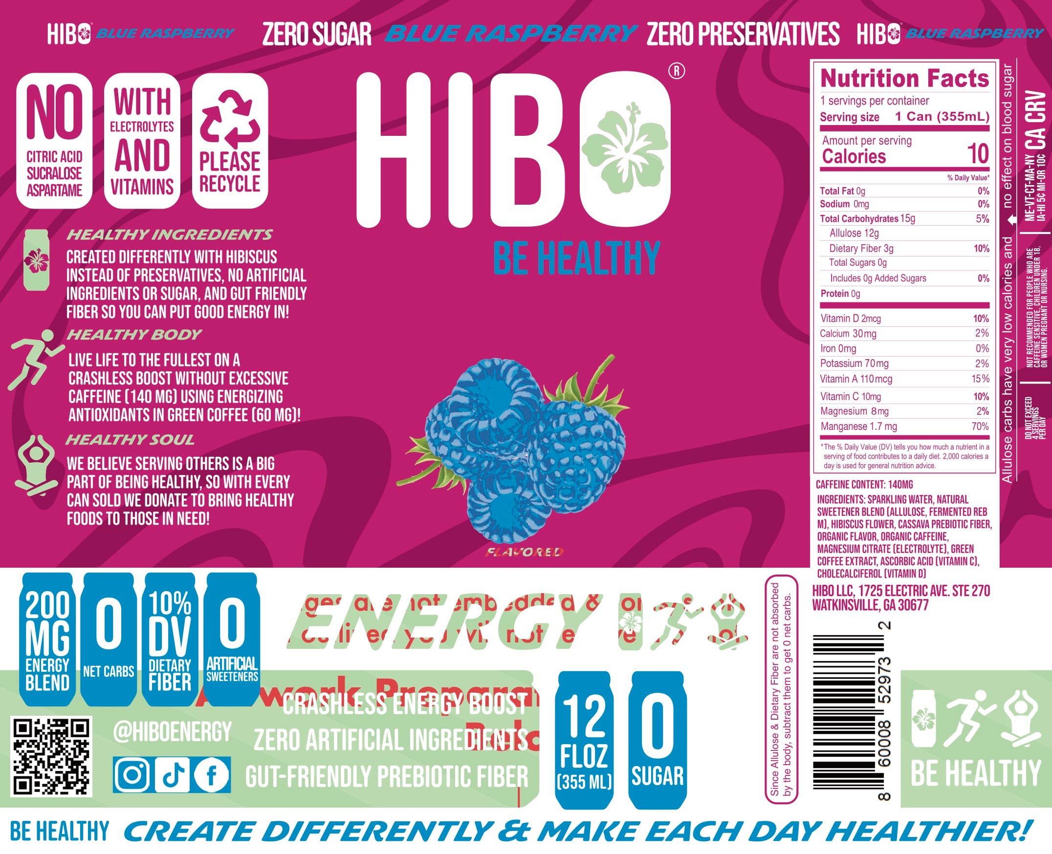 HIBO Healthy Energy - Wholesale Sports/Energy Drink - All-Natural Zero Sugar Energy Drink HIBO BLUE RASPBERRY1