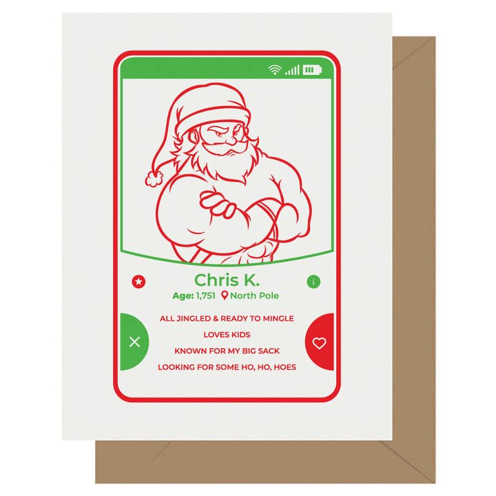 Holiday Santa Claus Dating App Christmas Card for wholesale by Letterpress Jess