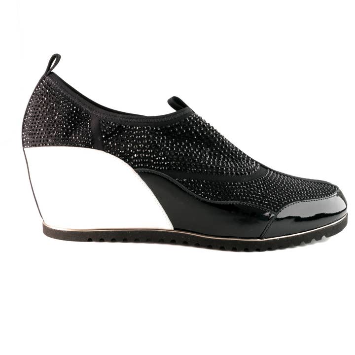 OMG Crystal Stretch, Hidden Wedge, Slip on Sneaker Blk/Wht for wholesale by Passione Di Gina